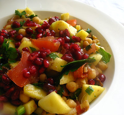 chickpea chat masala salad with mango and pomegranate seeds