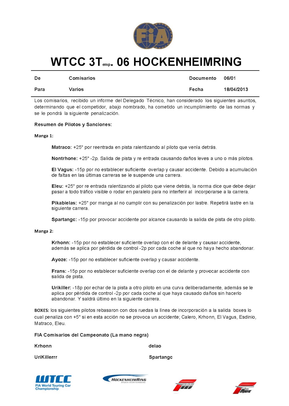 [WTCC] 3a Temp. Revisiones y sanciones Incidentes+hockenheimring