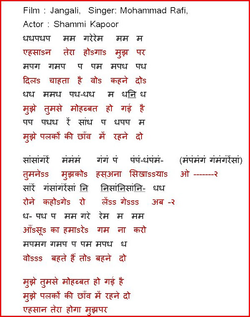 Notations of songs Gane ki Lyrics v Sargam ya Swarlipi ya Notes