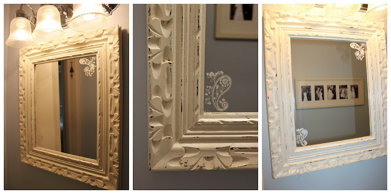 Bathroom mirror makeover using scrapbook rub-ons! title=