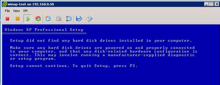 Windows XP install on VMware VM failed Error "Setup did not find any hard disk drives installed in your computer"