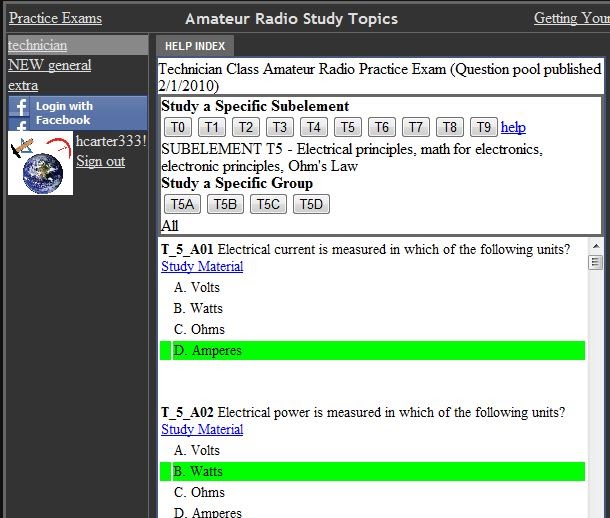 Help Index for Ham Radio Practice Exams at Copasetic Flows
