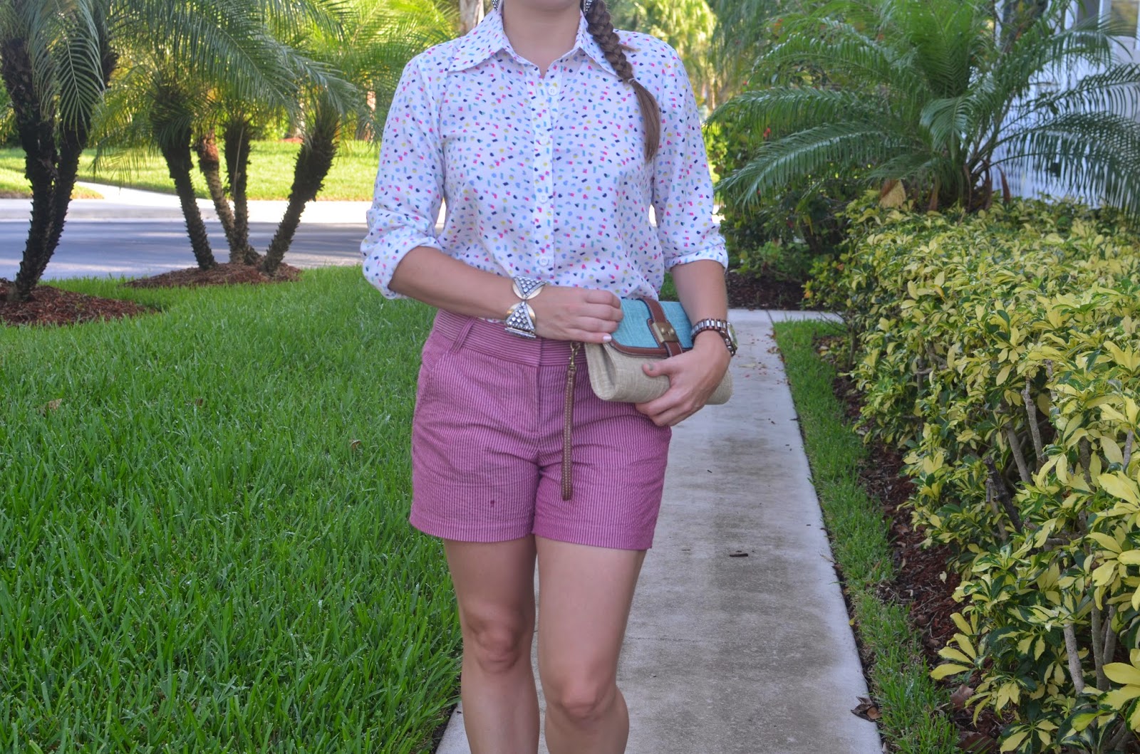 Seersucker shorts - #Emma_Sophia - backless top - straw clutch - espadrilles Seersucker shorts - #Emma_Sophia - backless top - straw clutch - espadrilles