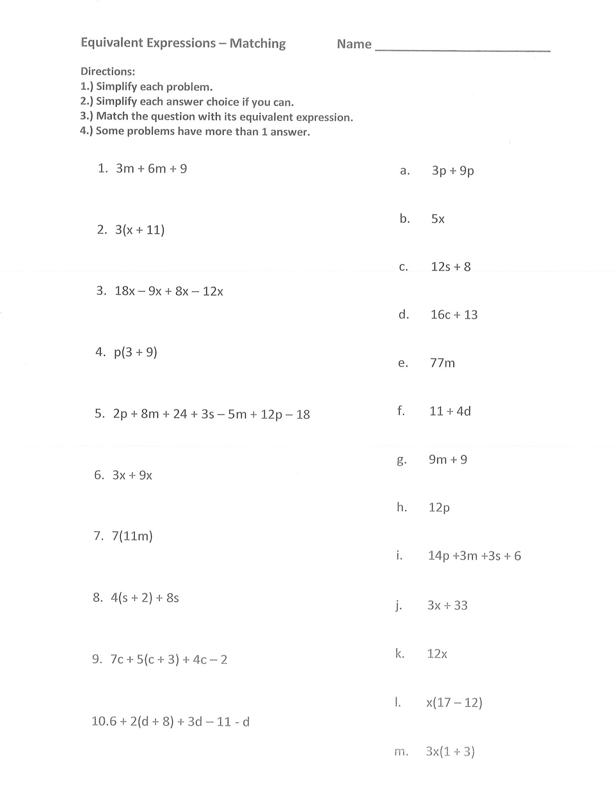 Mrs. Whites 11th Grade Math Blog: EQUIVALENT EXPRESSIONS Regarding Equivalent Expressions Worksheet 6th Grade