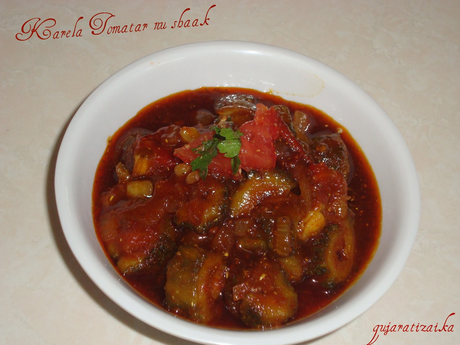 Gujarati Zaika Karela Tameta nu shaak (Bitter gourds Tomato Curry)
