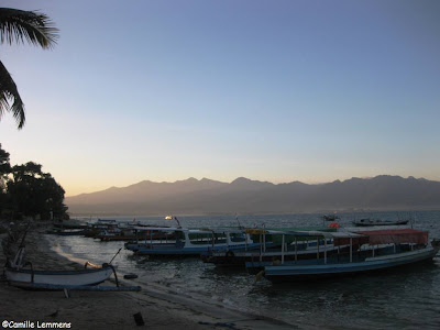 Gili Air taxi boats with Lombok mountains in the background