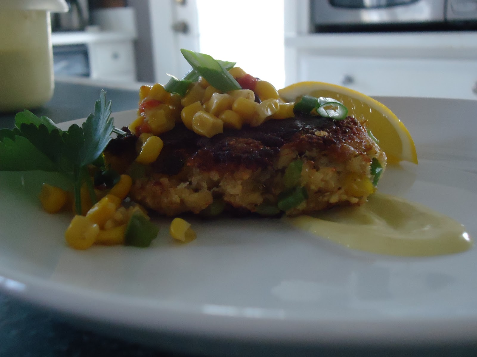 Recipes by Regan Crab cakes with corn relish and roasted garlic aioli
