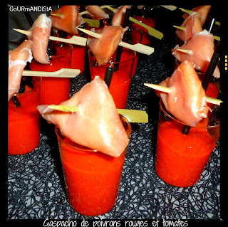 image Gaspacho de Poivrons rouges et sa Samoussa chèvre-jambon cru