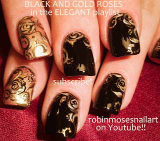 black and gold rose nail art, black and gold prom nails, prom nail art, victoriana nail art, black roses nail art, gold roses nail, vintage nail art, victorian nails, shabby chic nail art, 
