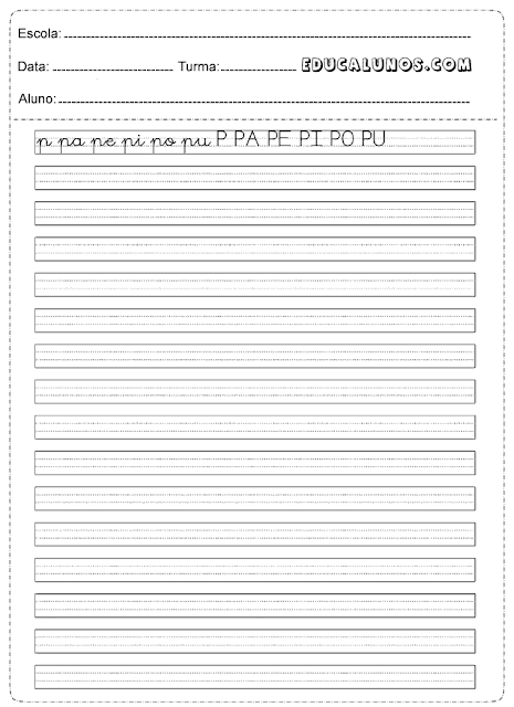 Atividades de caligrafia: Pa, Pe, Pi, Po, Pu