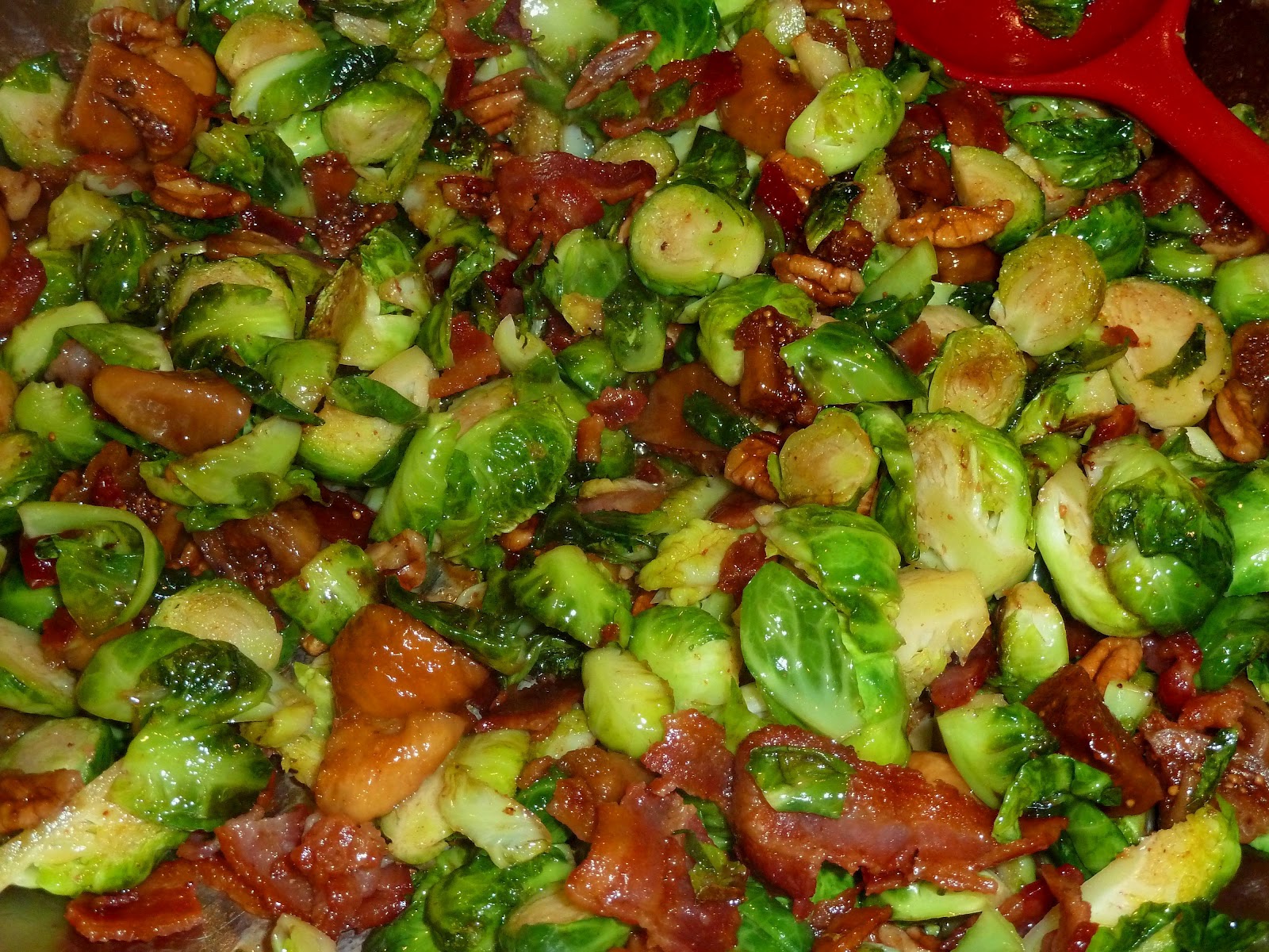 Dinner with Denise Brussels with bacon, figs, pecans and maple