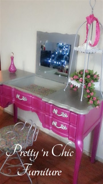 French Provincial Vanity Makeover in Shabby Paints Shimmer Passion Pink & Stunning SIlver By Pretty 'N Chic Furniture - Featured On Furniture Flippin'
