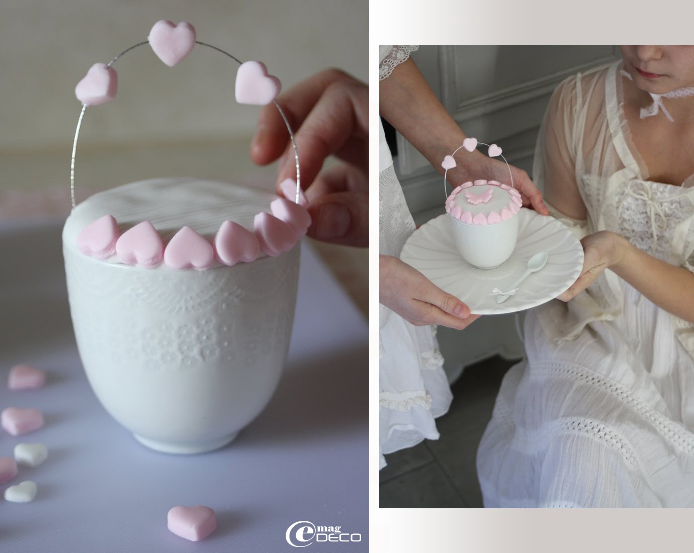Étapes de création d'un cupcake décoré de pâte à sucre et présenté dans une tasse