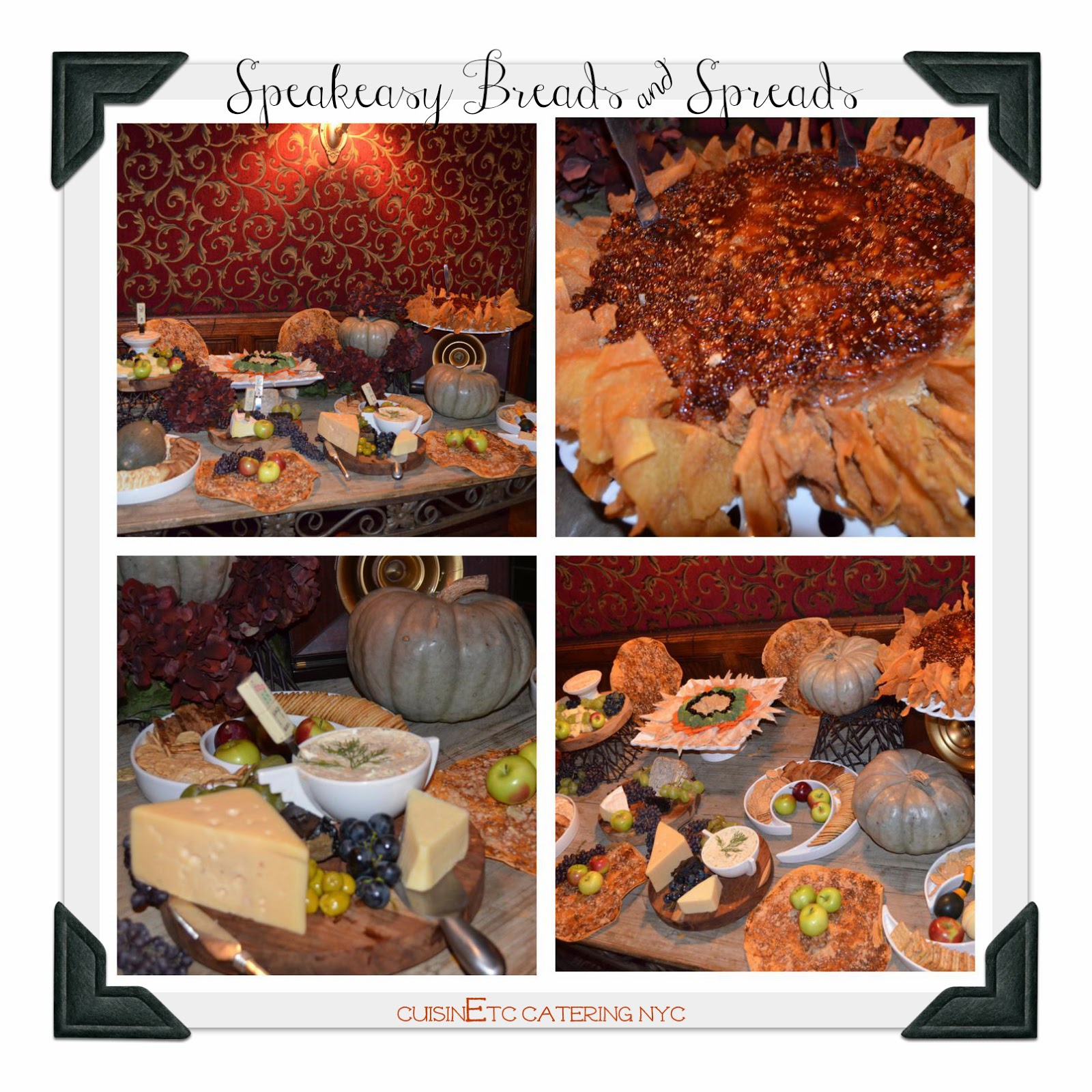 great gatsby breads and spreads appetizer table at the NYC hidden speakeasy lounge - The Back Room in NYC great gatsby roaring twenties hors d'oeuvres with cheddar chutney cheesecake