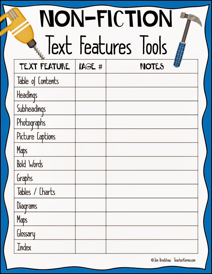 Non-fiction text feature graphic organizer.  TeacherKarma.com