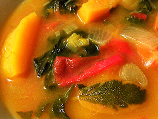 Sage, Butternut, Tomato, and Parsley floating in orange broth