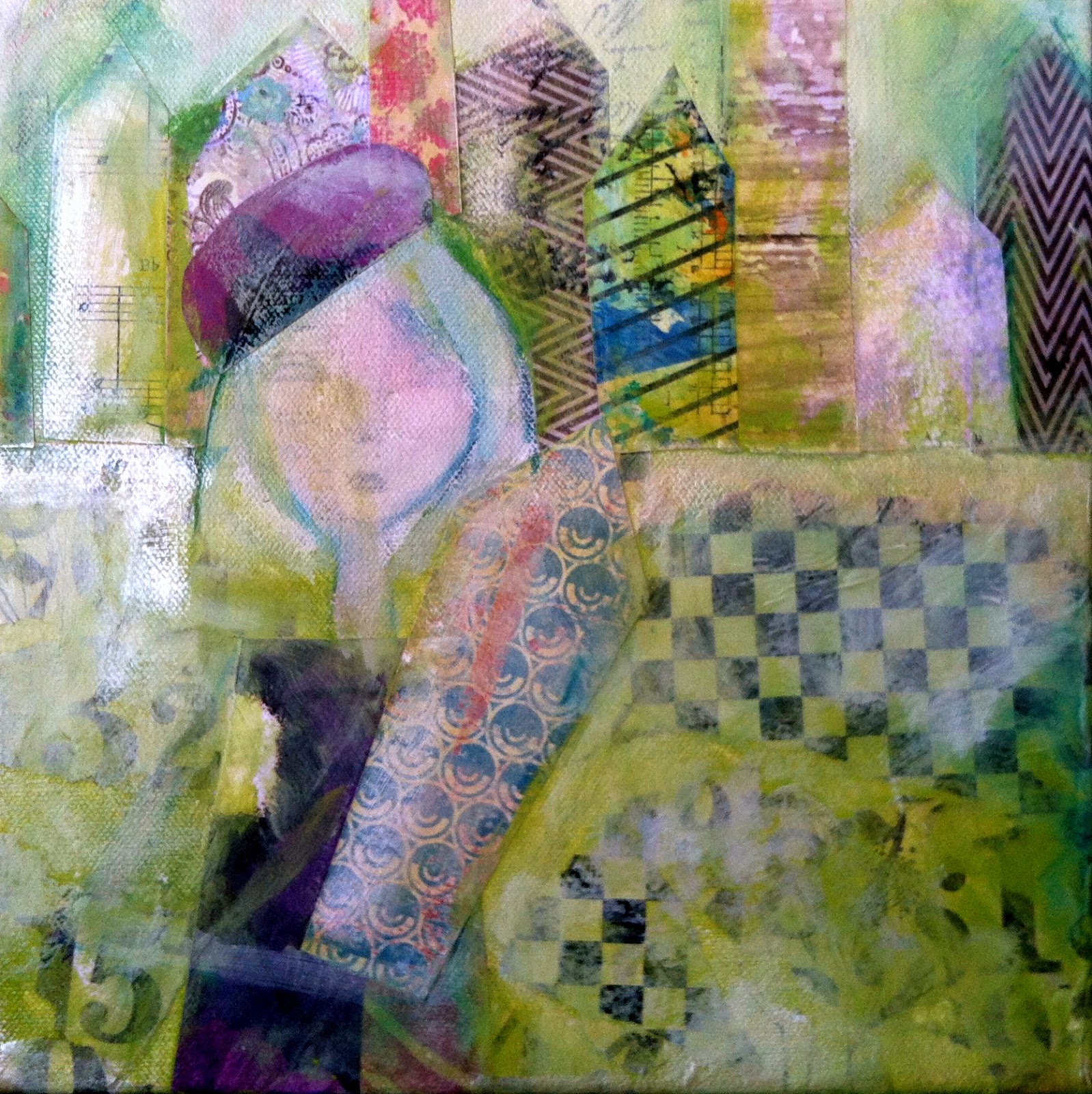 step one progress of mixed media girl with house