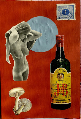 Ancient Greek Philosophy vintage nude mushroom vintage J&B scotch bottle ad flag postage stamp Dada fluxus collage