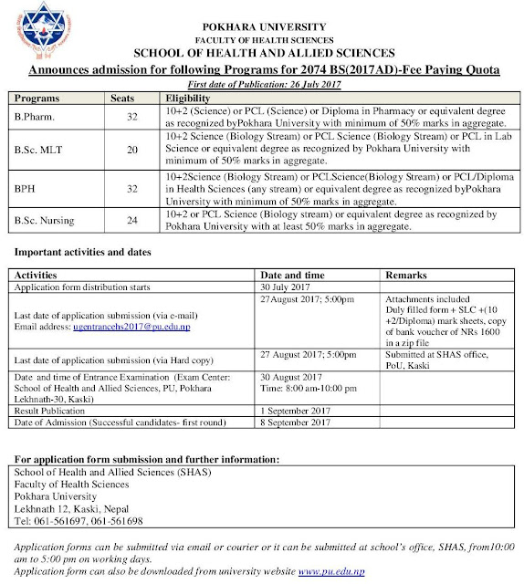 B.Pharm, Bsc MLT, BPH and BSc Nursing admission notice at Pokhara University 2017
