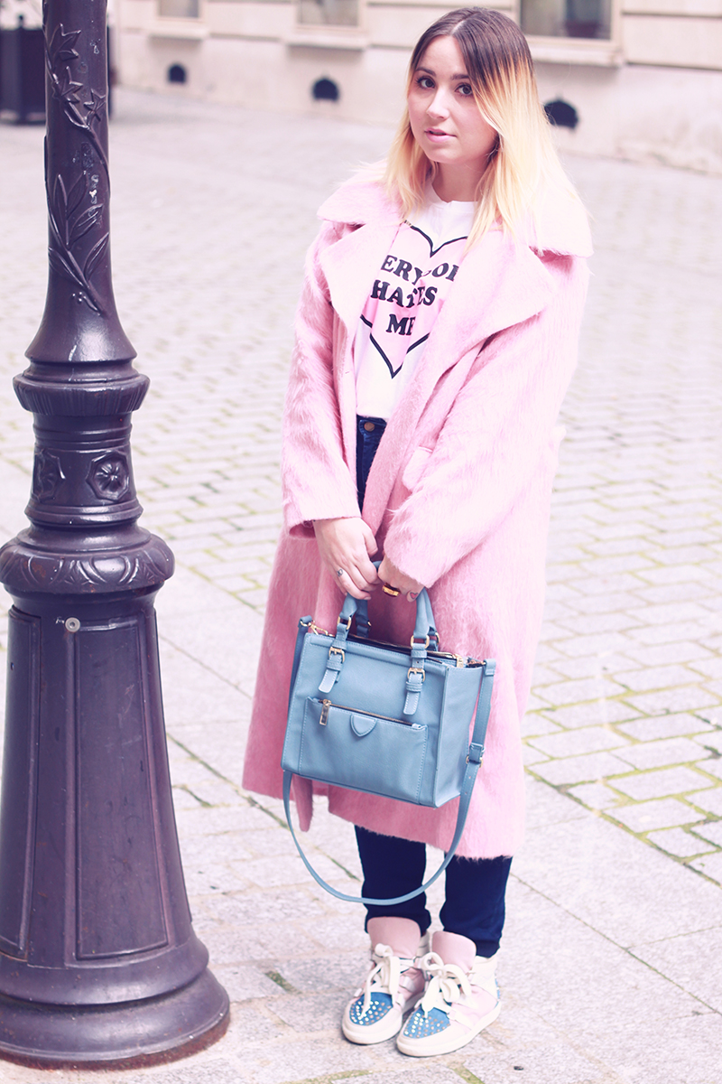 asos pink coat outfit look nikkilipstick tshirt