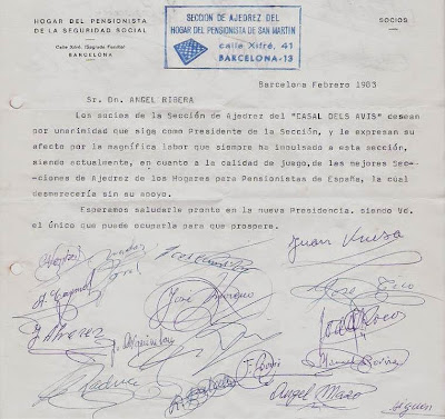 Carta de la Sección de Ajedrez del Hogar Pensionista de Sant Martín a Ángel Ribera en 1983