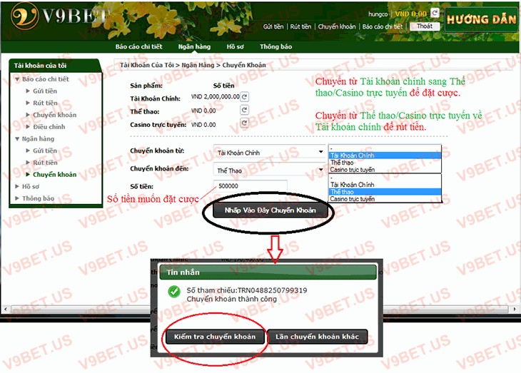 chuyển khoản v9bet bước 2