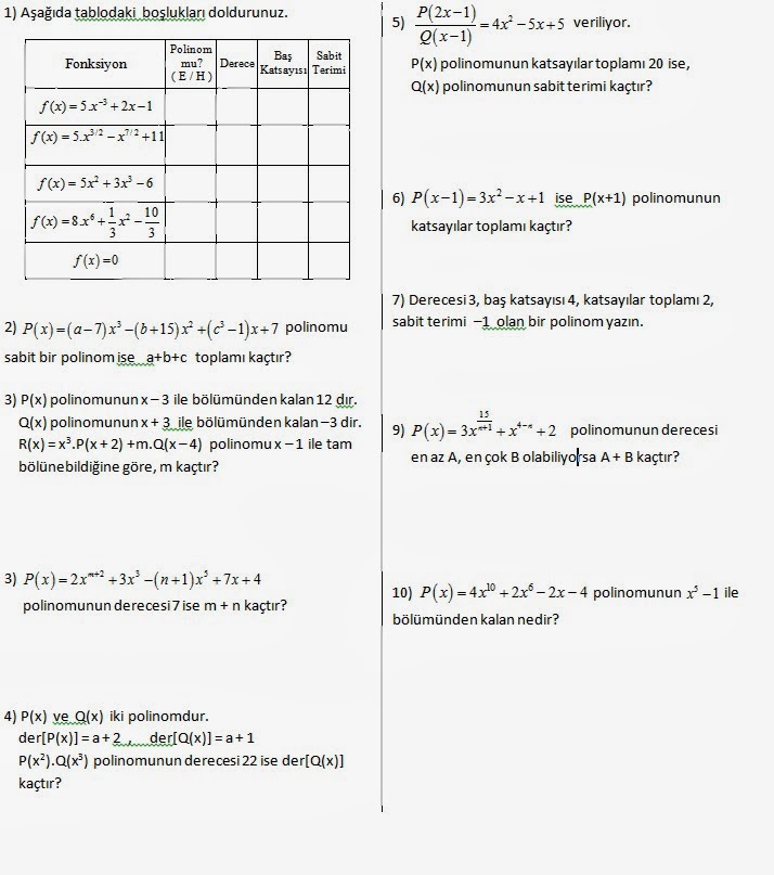 2013 - 2014 10. Sınıf Matematik 1. Dönem 1. Yazılı Sınavı Soruları ve