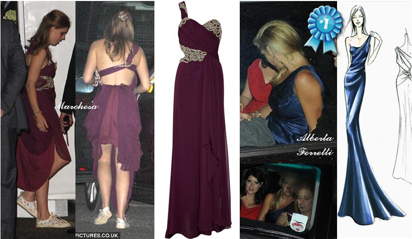 L to R Princess Beatrice in purple Marchesa Chelsy Davy in blue Alberta 