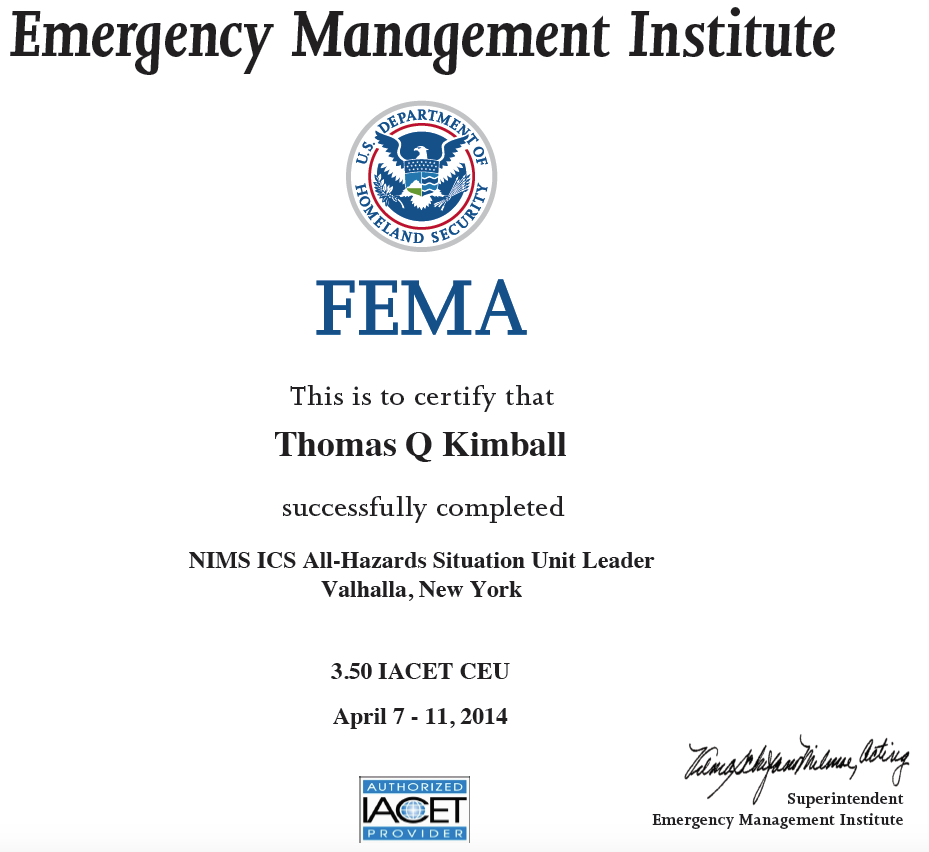 The (L-964) All-Hazards ICS Situation Unit Leader Course at Valhalla, NY April 2014