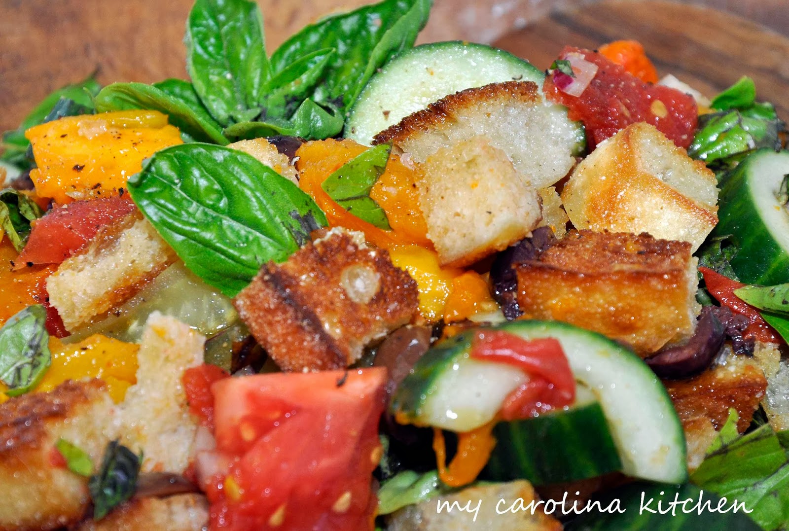 My Carolina Kitchen Bread Salad with Charred Tomatoes, Cucumbers