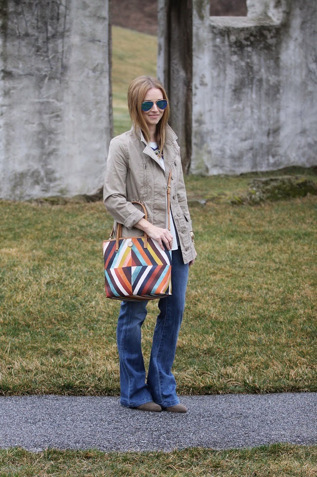 old navy jacket, jcrew shirt, goldsign jeans, tory burch, ray bans, jcrew necklace, jcrew booties