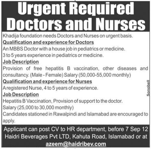 Doctors & Nurse Jobs in Khadija Foundation Islamabad