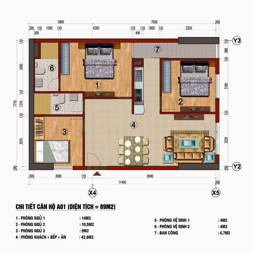Chung cư 283 Khương Trung, Căn A1, diện tích 89m2 Chung cư 283 Khương Trung, Căn A1, diện tích 89m2