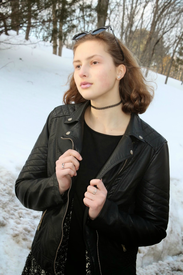 LBD, black leather jacket layered over a black and white cardiagn, Chelsea booties for a cute winter ootd