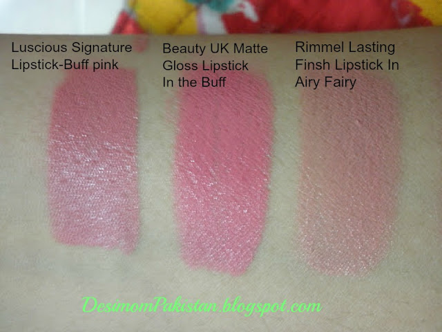 swatch  Luscious Signature lipstick 03 buff pink,Beauty Uk In the buff,Rimmel Long   Lasting Lipstiack 070 Airy Fairy.