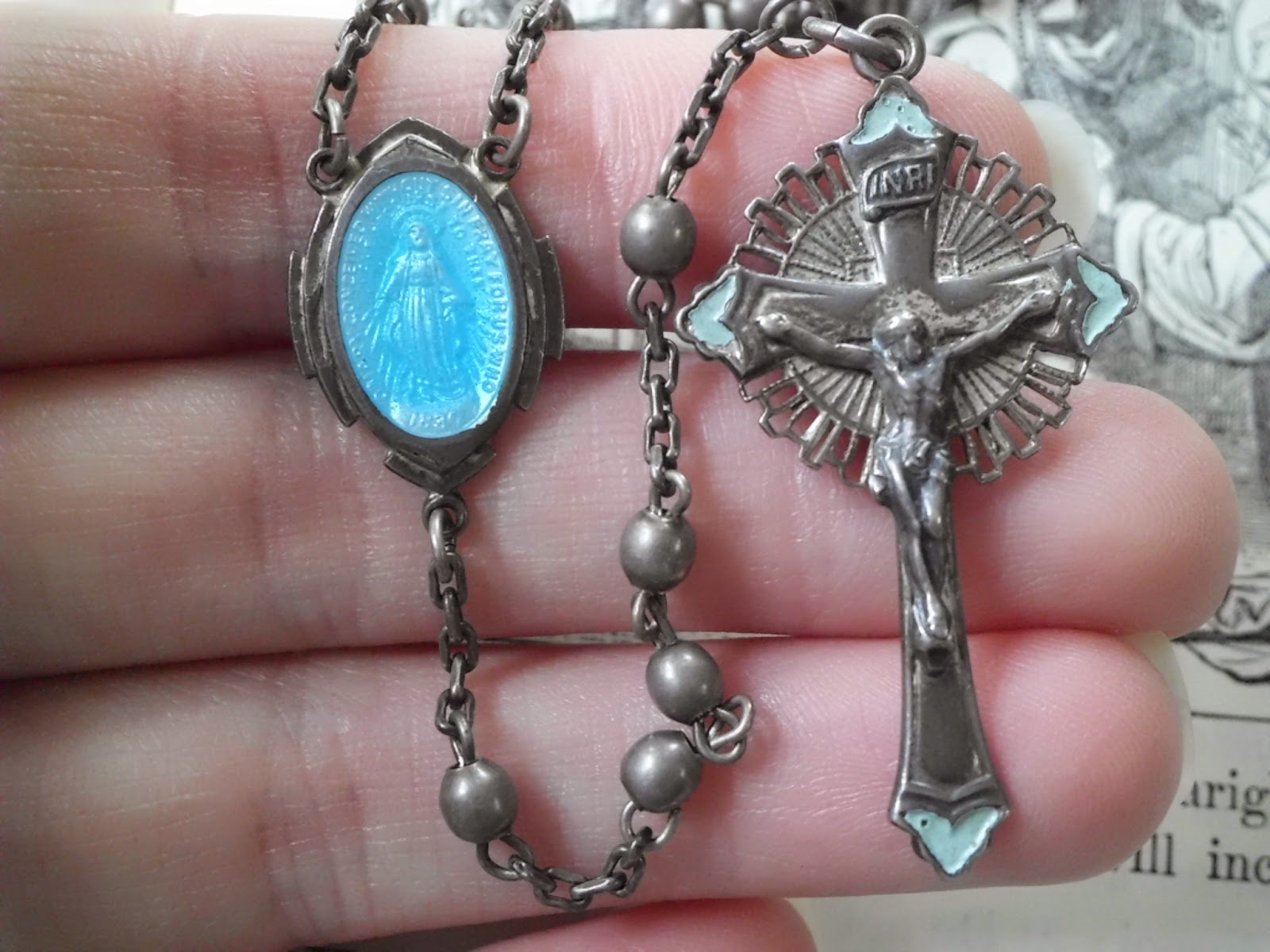 Vintage Religious Medals Vintage STERLING Blue Enamel Religious Virgin