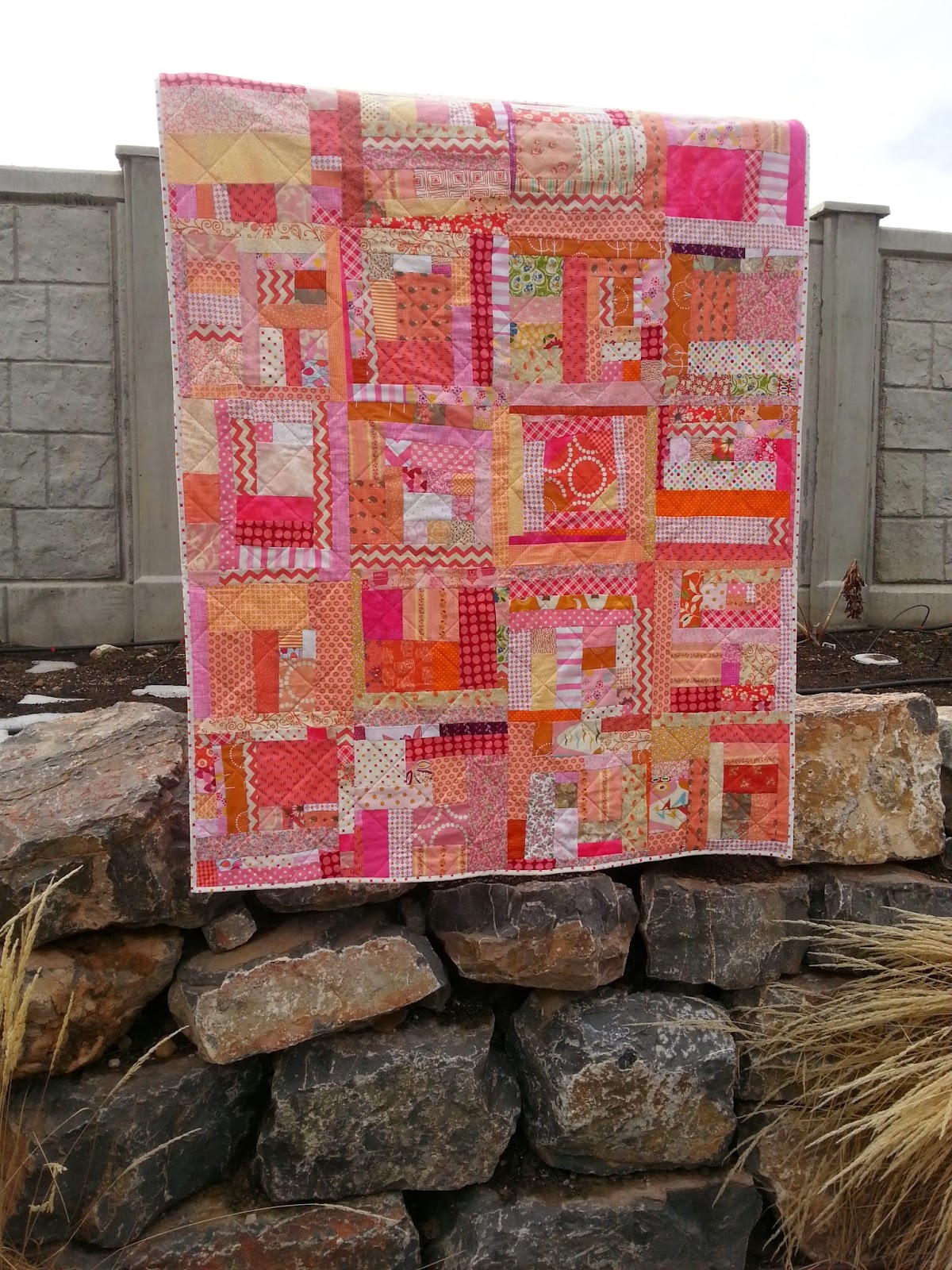 Pink and Orange Scrappy Improv Quilt
