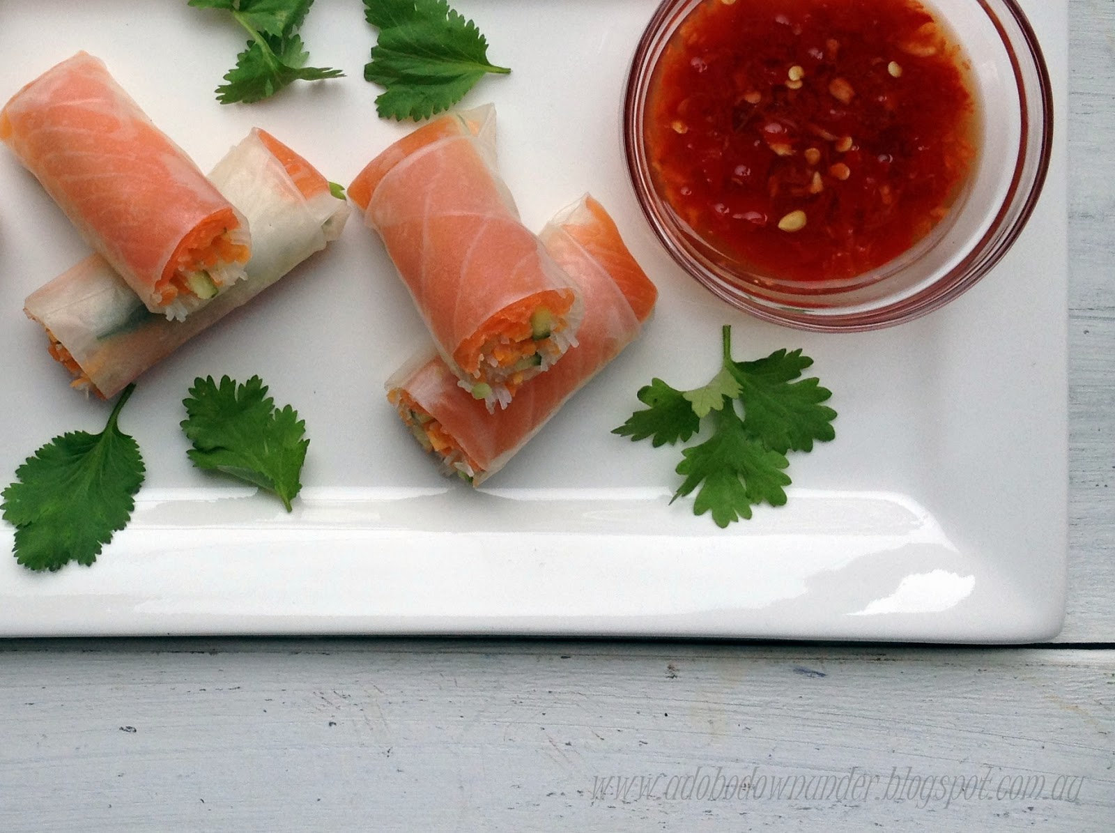 adobo down under AussieAsian smoked salmon rice paper rolls
