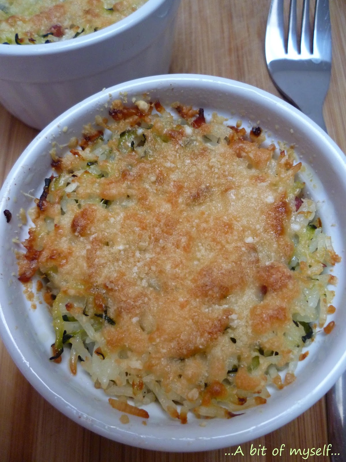 recycled food is good: basmati rice ramekins with zucchini and speck with melted mozzarella center