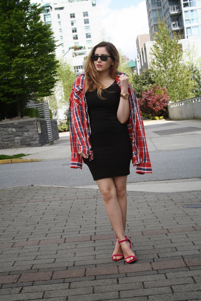 black dress with flannel shirt