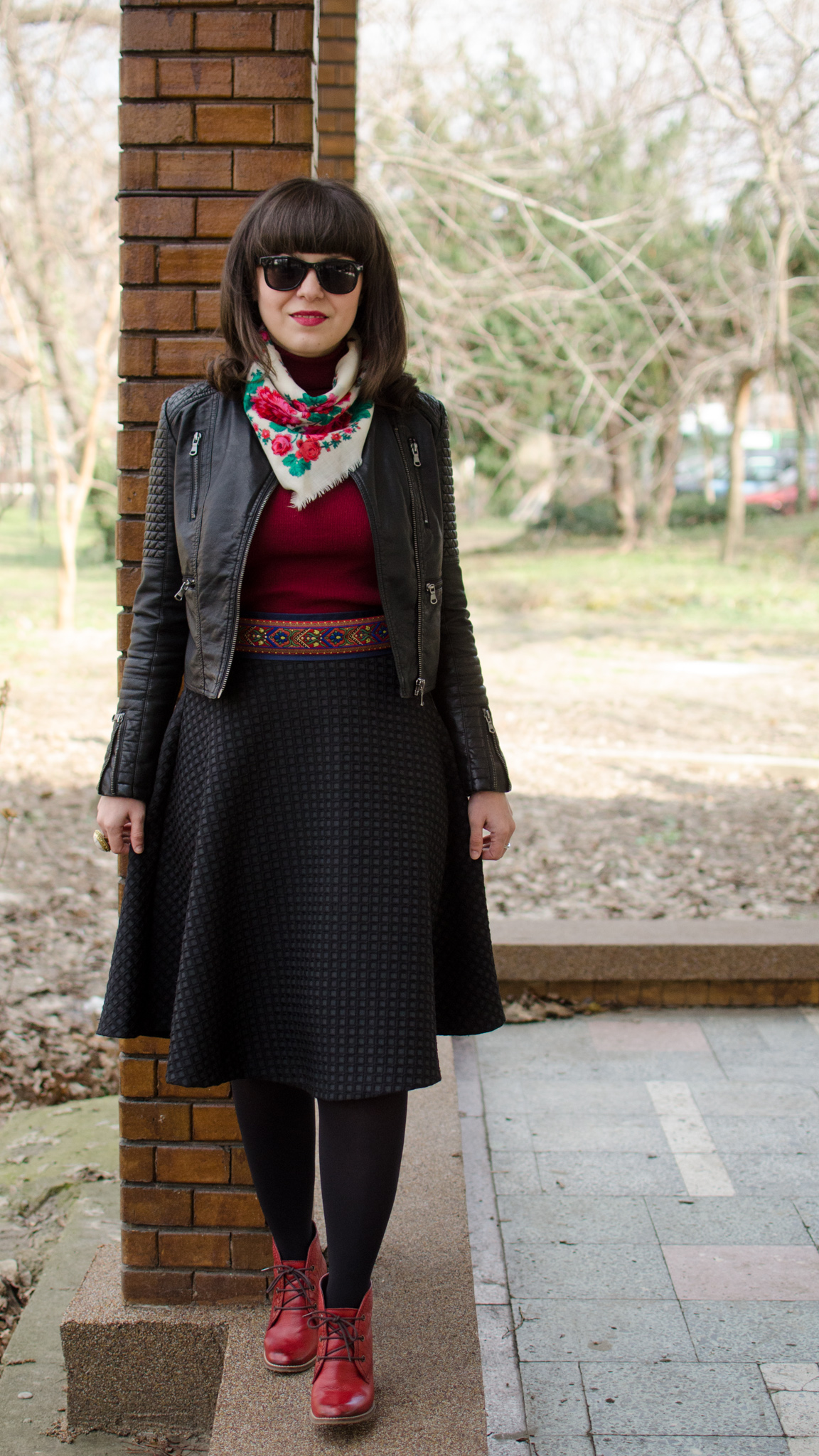 rock leather jacket ethnic romanian scarf burgundy turtleneck H&M full circle black skirt burgundy boots stone creek traditional romanian waistband spring bangs