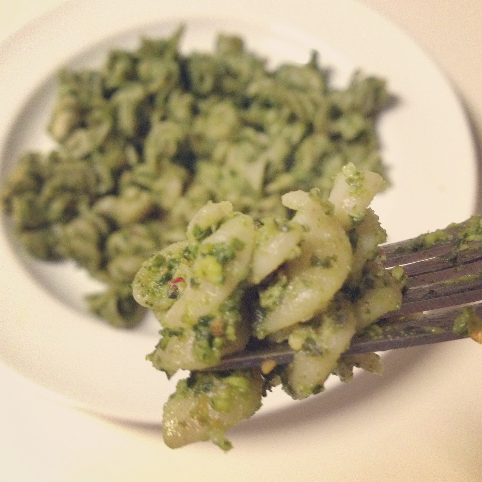 The Three Happy Eaters Kale pesto pasta. Heavy cream optional (but not