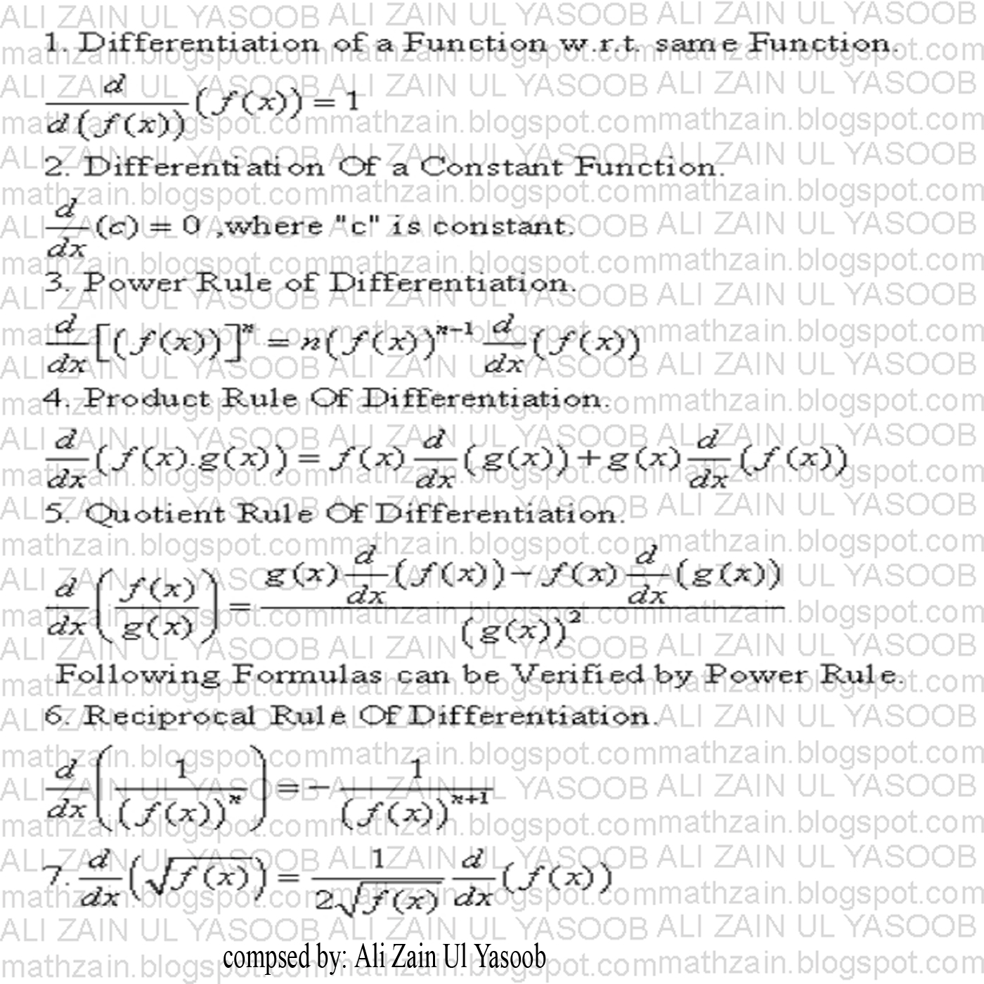 MATHZAIN Basic Formulas Of Derivatives