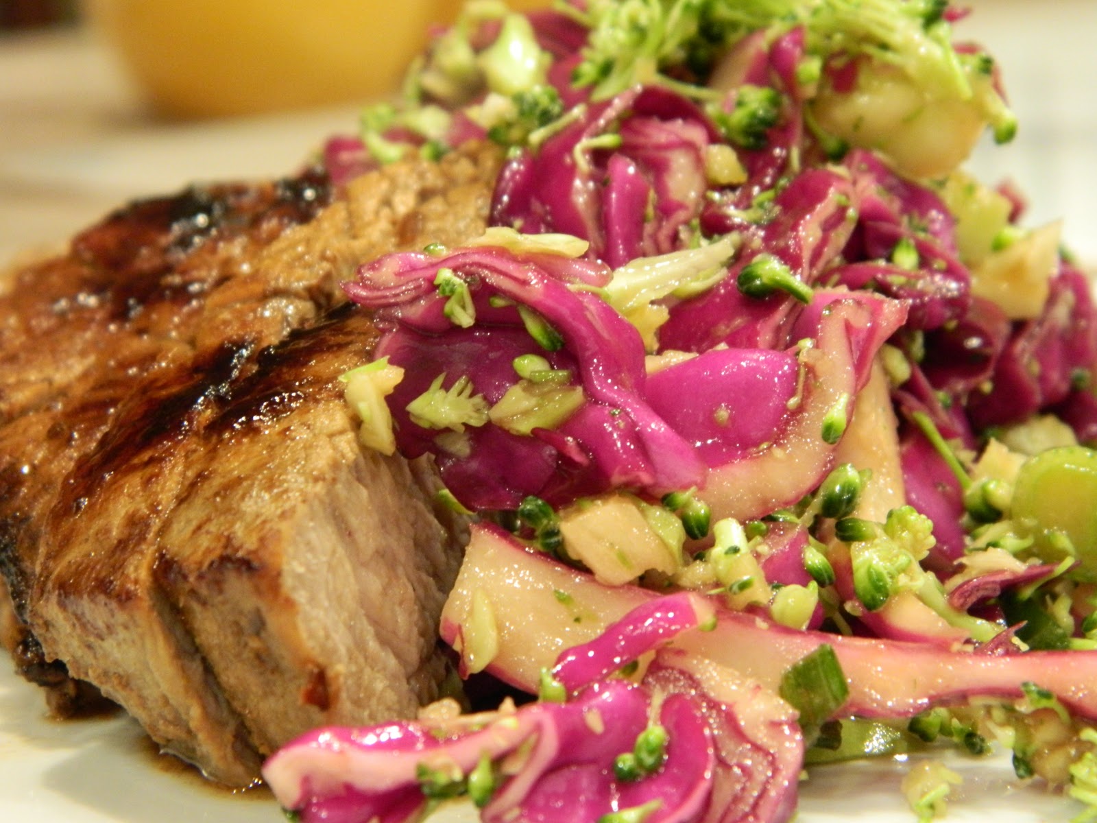 Primal Bites Sesame Garlic Ginger Steaks with Broccoli Cabbage Slaw