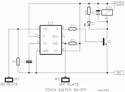Simple ON OFF Touch Switch with 555 Schematic Simple ON OFF Touch Switch with 555 Schematic