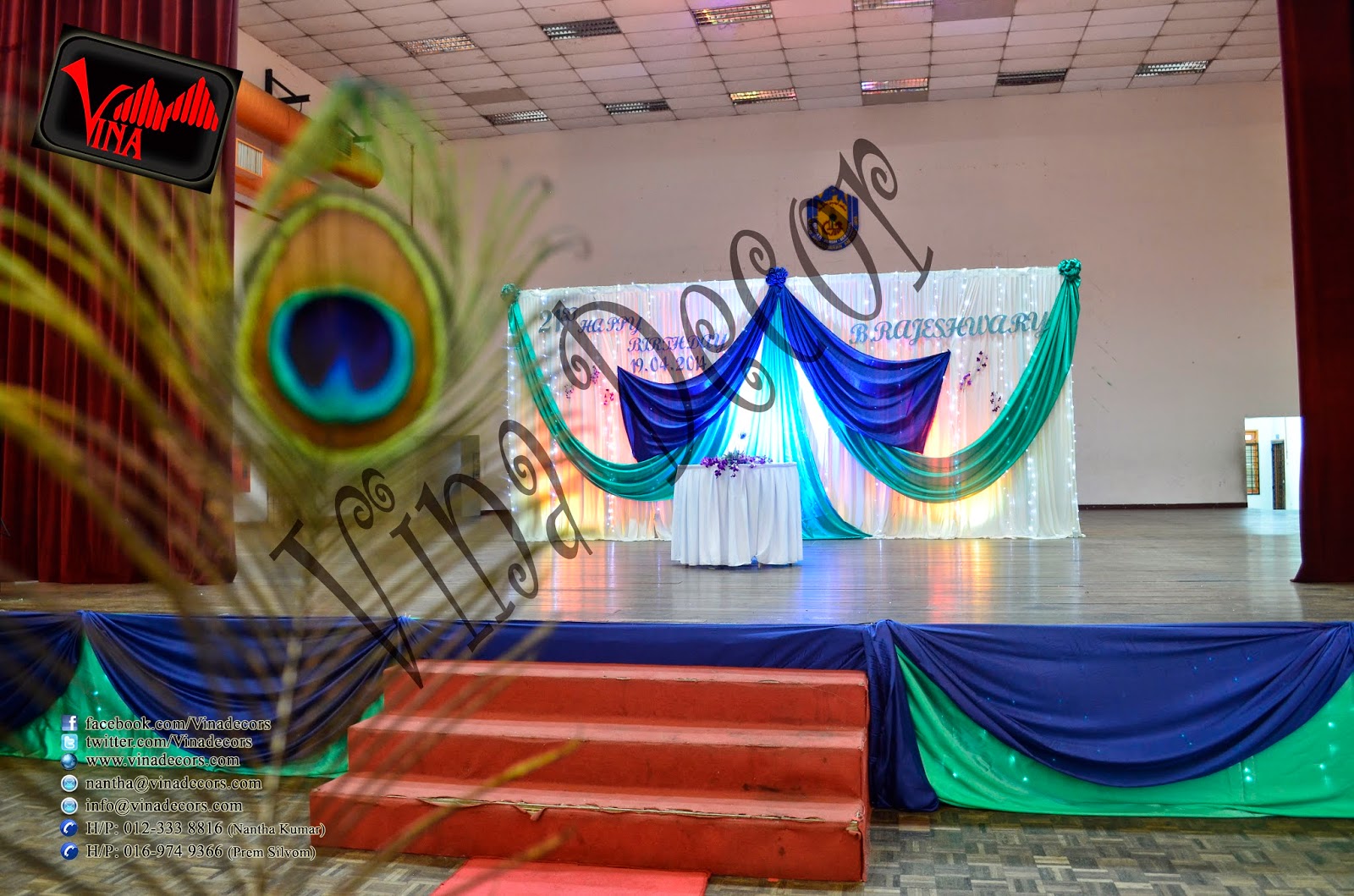 Dancing Peacock Concept / Theme, 21st Birthday at Dewan Dato Ahmad Razali, Kampung Melayu Ampang, 43100 Ampang, Selangor, Malaysia (Ampang Hall) for B. Rajeshwary (Setup for Balloon Arch, Flower pillar, Red Carpet, Stage Scallop and Backdrop with lighting, Photography Section with Balloon Dome, Table Centerpiece, chair (cover & ribbon) and Table (cloth). Dancing Peacock Concept / Theme, 21st Birthday at Dewan Dato Ahmad Razali, Kampung Melayu Ampang, 43100 Ampang, Selangor, Malaysia (Ampang Hall) for B. Rajeshwary (Setup for Balloon Arch, Flower pillar, Red Carpet, Stage Scallop and Backdrop with lighting, Photography Section with Balloon Dome, Table Centerpiece, chair (cover & ribbon) and Table (cloth).