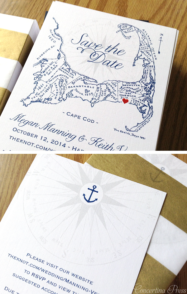 Cape Cod wedding blog photo from Concertina Press - Stationery and Invitations about Cape Cod Save the Dates with map and additional info card with a tiny anchor