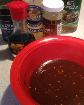 Ingredients and a mixing bowl with homemade hoisin sauce for Mongolian Beef