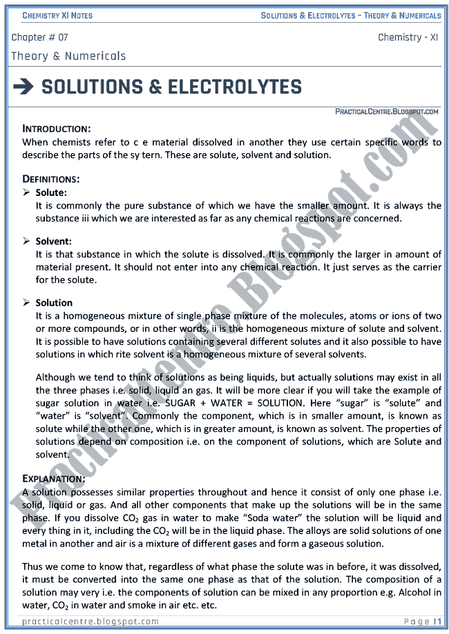 Solutions And Electrolytes - Theory And Numericals (Examples And Problems) - Chemistry XI