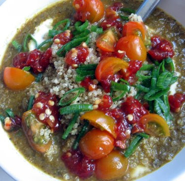 lentil soup with quinoa, yogurt, sambal oelek, and homegrown scallions and tomatoes